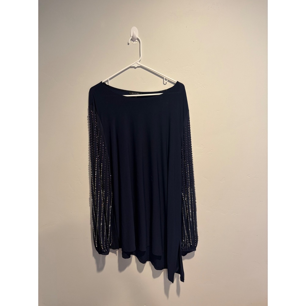 Marina Womens Navy Blue Rhinestone Sheer Sleeve Asymmetrical Hem Tunic Top